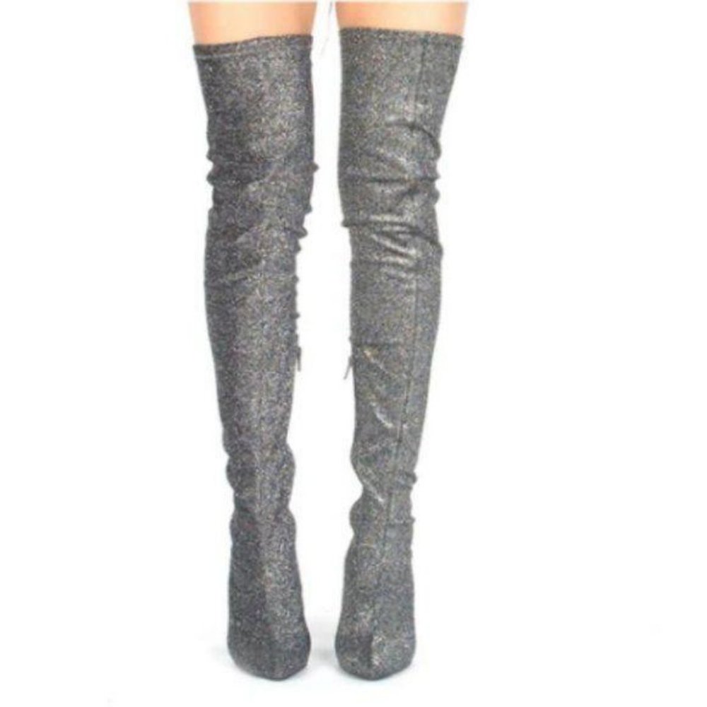 Stretch Thigh Hi Chunky Heel Boots in Pewter - Picture 2 of 5